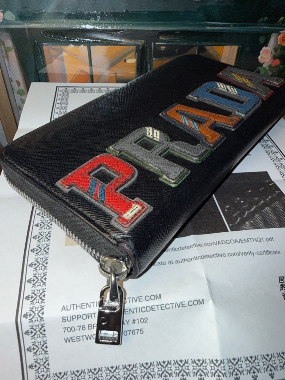 Prada Black Saffiano Leather Zip Wallet with Multicolor Letter Patches w/coa - Picture 8 of 12